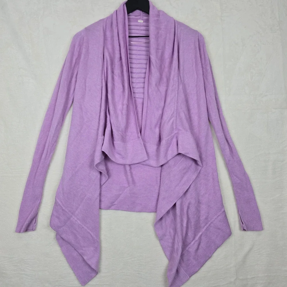 Lululemon Purple Draped Open Front Cardigan Ribbed Back‎ Thumbholes Knit Sweater